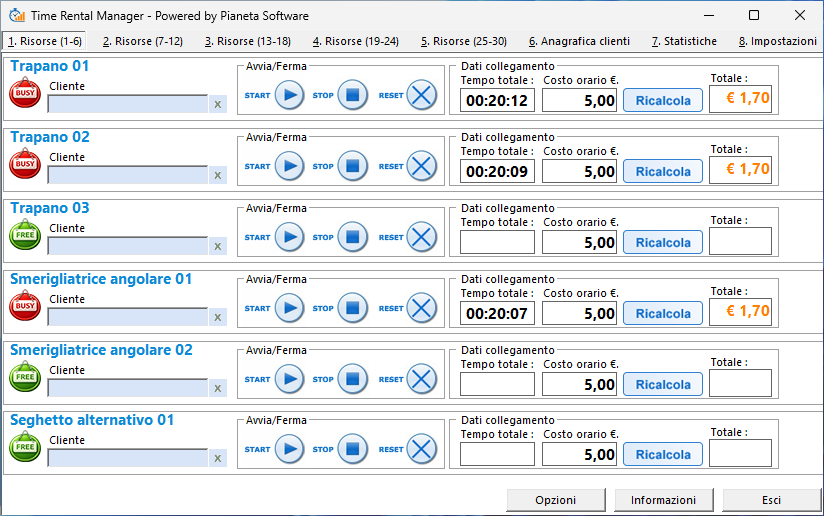 Gestione noleggio attrezzature: risorse, timer e costi in tempo reale