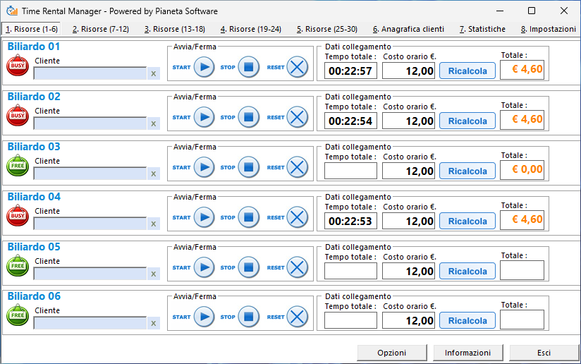 Gestione tavoli biliardo: timer e costi in tempo reale
