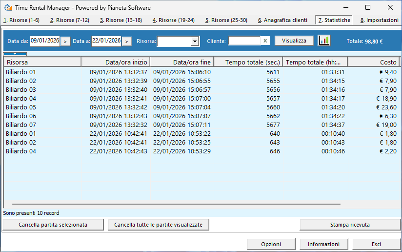 Statistiche e report per sala biliardo
